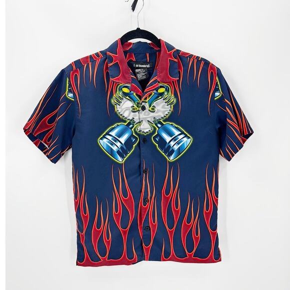 No Boundaries blue orange flames pistons short sleeve button down size L - Picture 1 of 4